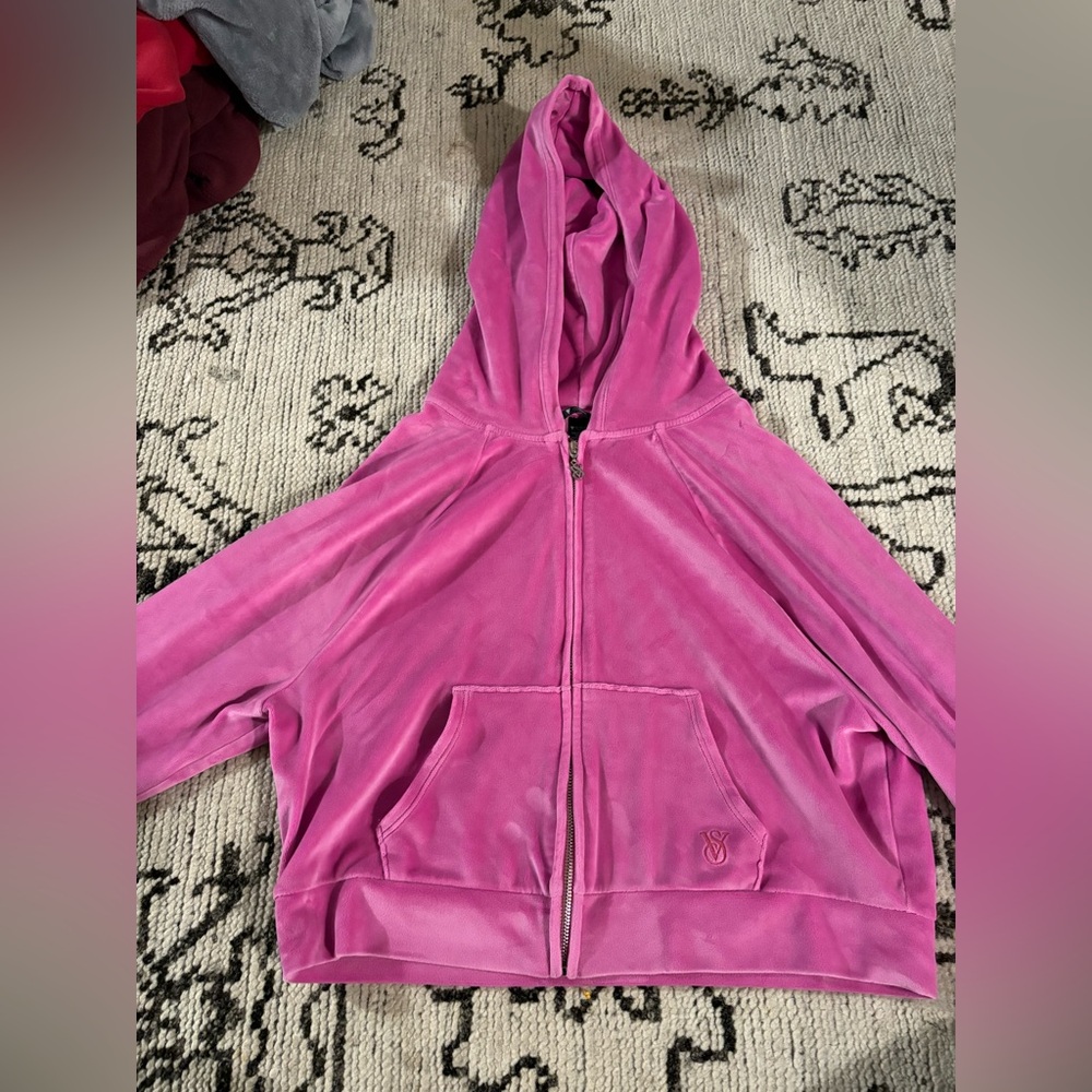 Victoria’s Secret On Point Velour Hoodie Zip Front Pink Plush Lounge Jacket